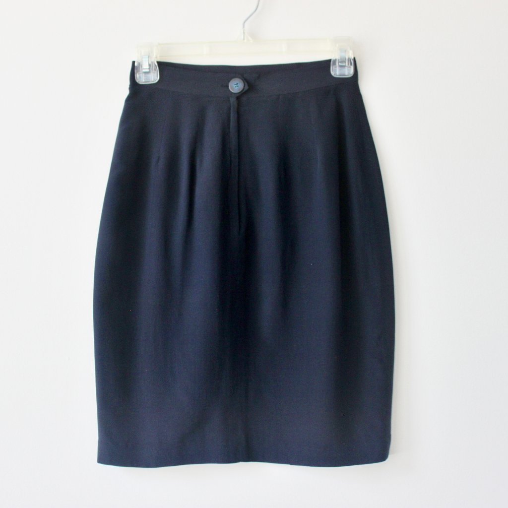 Vintage 80's 100% Silk Navy Preppy Professional Knee-Length Skirt 2